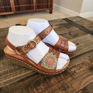 Spring Step L'Artiste Roshni Cam Leather Wedge Sandals Boho Floral Buckle EU 35